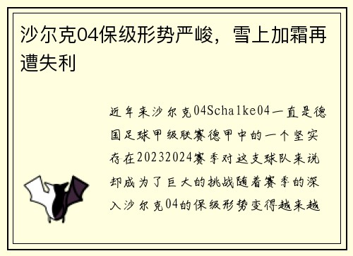 沙尔克04保级形势严峻，雪上加霜再遭失利